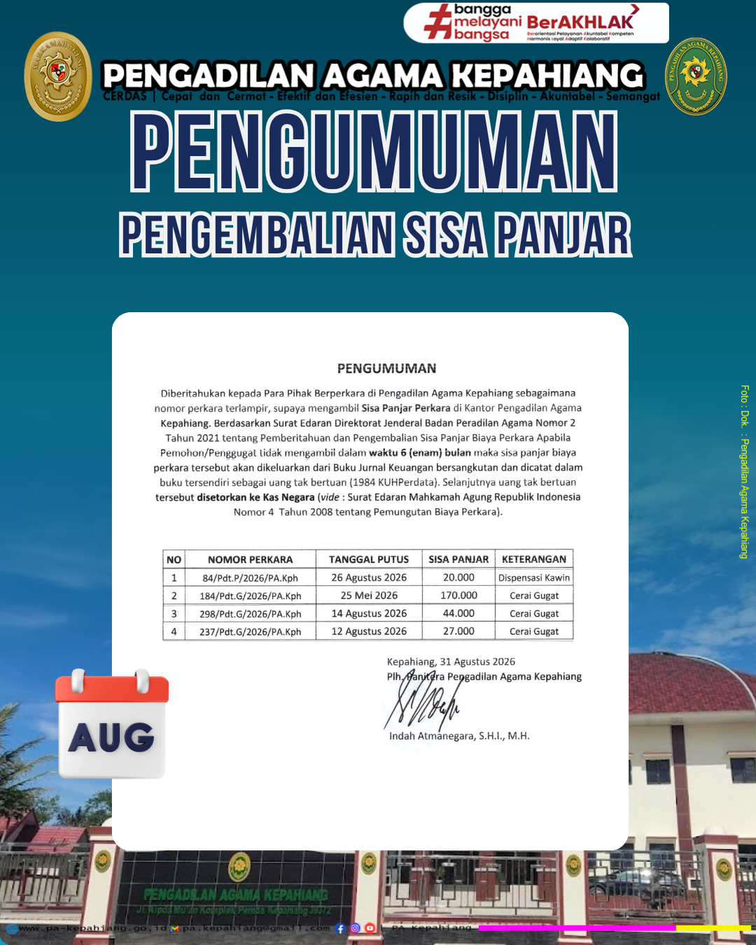 Pengumuman Pengembalian Sisa Panjar Agustus 2026