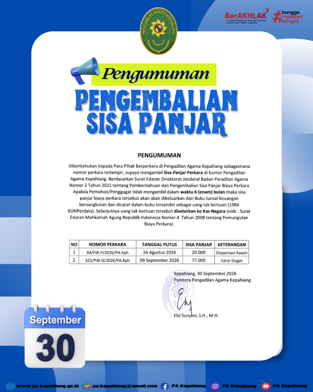 Pengembalian Sisa Panjar 30 September 2026